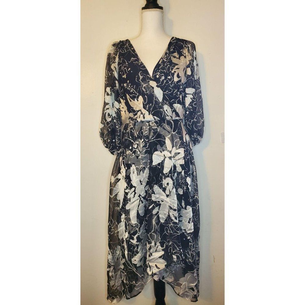 DKNY 3/4 sleeve floral V-neck sheer High-low dress 10